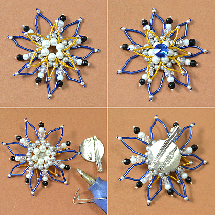 Bezaubernde Blumenbrosche aus blauen und gelben Perlen-8