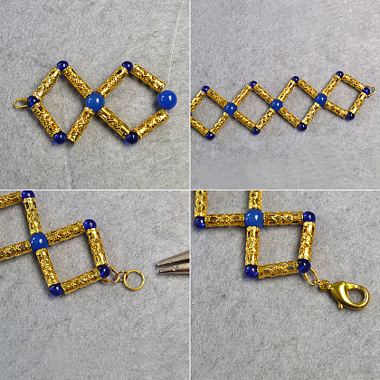 Proyecto de diy original de Pandahall: cómo hacer una pulsera cuadrada con cuentas azules decoradas-4