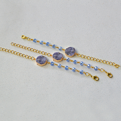 Druzy Agate Chain Bracelet with Glass Beads-4
