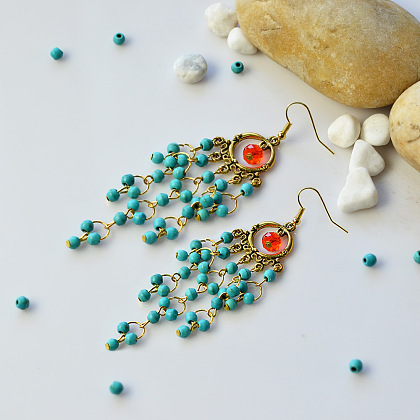 Boucles d'oreilles lustre en perles turquoise de style vintage-1