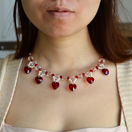 Collier pendentif perle coeur rouge-1