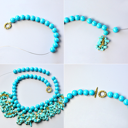 Collier plastron en perles turquoise avec pendentifs-4