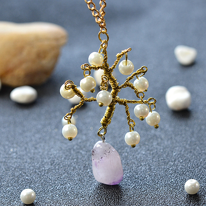 Pearl Bead Tree Necklace with Gemstone Pendant-1
