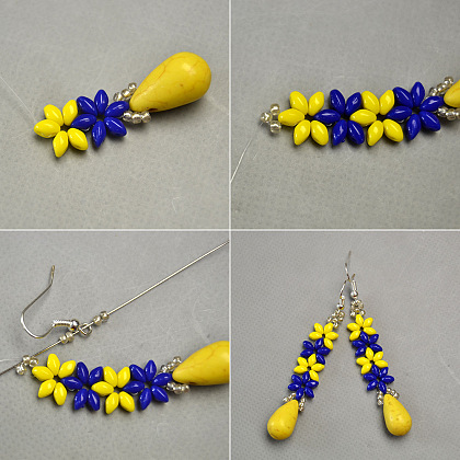 Boucles d'oreilles fleur 2 trou en perles de rocaille avec perles turquoise-4