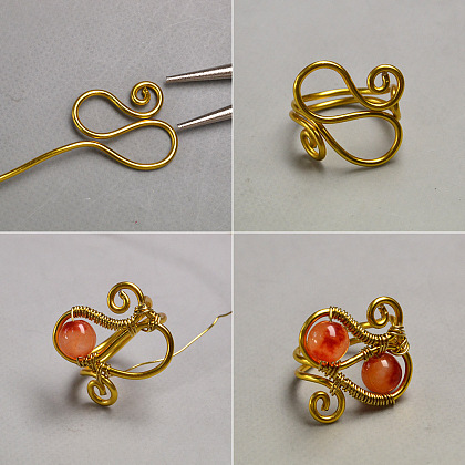 Orange Jade Bead Wire Wrapped Ring-3