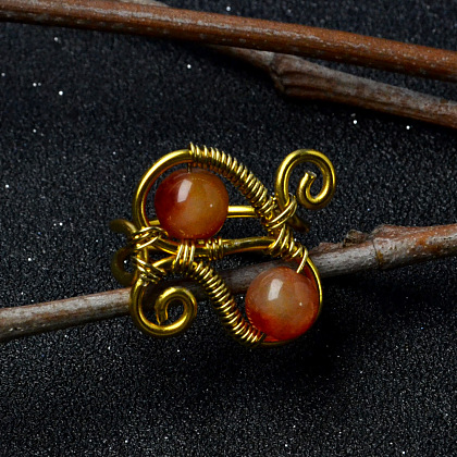 Orange Jade Bead Wire Wrapped Ring-4