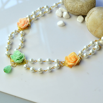 Collier pendentif en perles de résine de fleur avec perles de perles-6