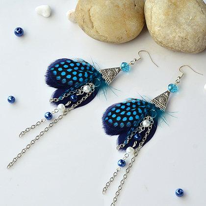 Feather and Glass Pearl Bead Dangle Earrings-1
