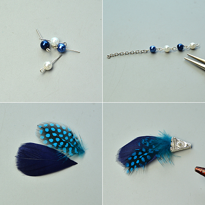 Boucles d'oreilles pendantes en plumes et perles de verre-3