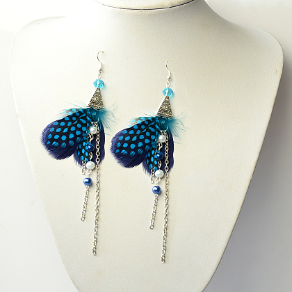 Feather and Glass Pearl Bead Dangle Earrings-5