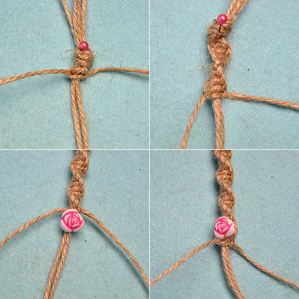 Bracelet tressé en cordon de chanvre avec perles acryliques fleurs-4