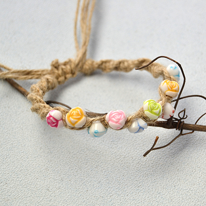 Bracelet tressé en cordon de chanvre avec perles acryliques fleurs-6