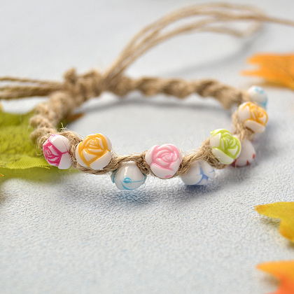 Bracelet tressé en cordon de chanvre avec perles acryliques fleurs-7