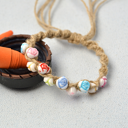Bracelet tressé en cordon de chanvre avec perles acryliques fleurs-8