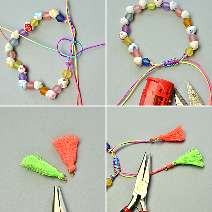 Bracelet de perles en acrylique givré avec pendentif pompons en fil de coton-4