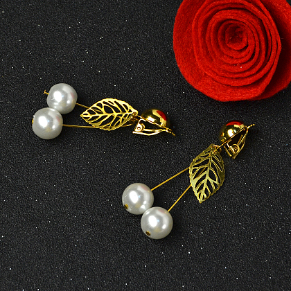 Pearl Glass Bead and Leaf pendants Earrings-5