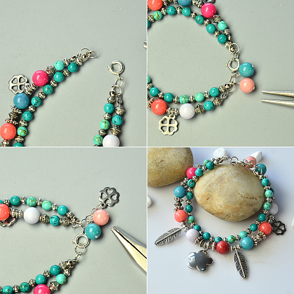 Bracelet à deux brins de perles mélangées avec pendentifs en plumes de style tibétain-4
