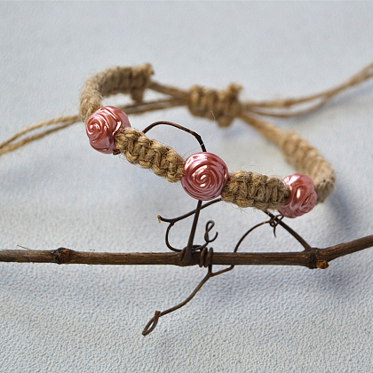 Pink Flower Acrylic Beads Braided Bracelet-7