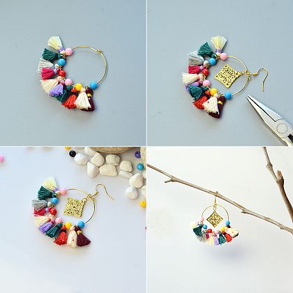 Boucles d'oreilles pendantes pompon en coton avec perles acryliques opaques-3