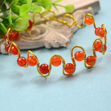 Gold Wire Wrapped Wave Bracelet with Red Agate Beads-1