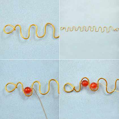 Bracelet vague enveloppé de fil d’or avec des perles d’agate rouge-3