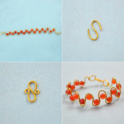 Gold Wire Wrapped Wave Bracelet with Red Agate Beads-4