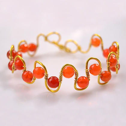 Gold Wire Wrapped Wave Bracelet with Red Agate Beads-5