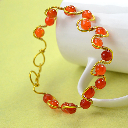 Gold Wire Wrapped Wave Bracelet with Red Agate Beads-6