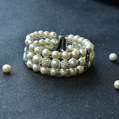 Three-strand Pearl Beads Wide Bracelet-4