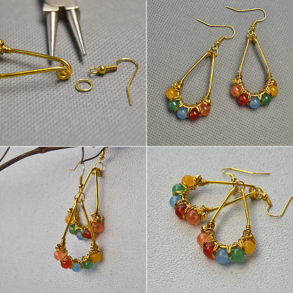 Boucles d'oreilles enveloppées de fil de perles de jade de couleurs mélangées-4