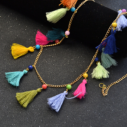 Collier à pendentifs pompon en coton coloré-6