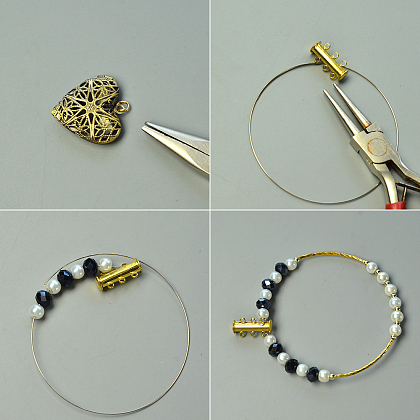 Three-strand Pearl Beads Bangle with Heart Hollow Locket Pendant-3