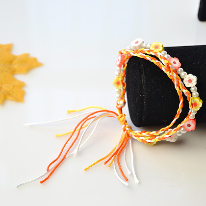 Bracelet de perles de fleurs de prunier en argile polymère avec fils de nylon colorés tressés-6