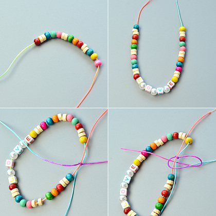 Bracelet de perles de bois colorées avec perles alphabet acryliques-3