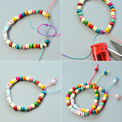 Bracelet de perles de bois colorées avec perles alphabet acryliques-4