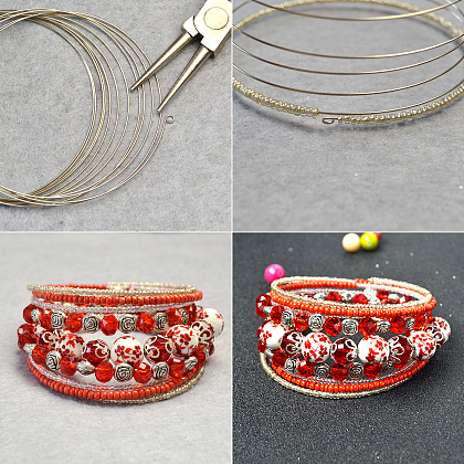 Red Porcelain Beads and Seed Beads Bangles-3