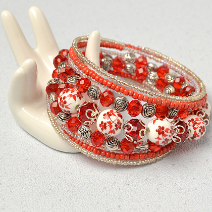 Red Porcelain Beads and Seed Beads Bangles-5