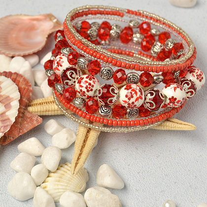 Red Porcelain Beads and Seed Beads Bangles-4