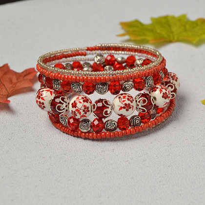 Red Porcelain Beads and Seed Beads Bangles-6