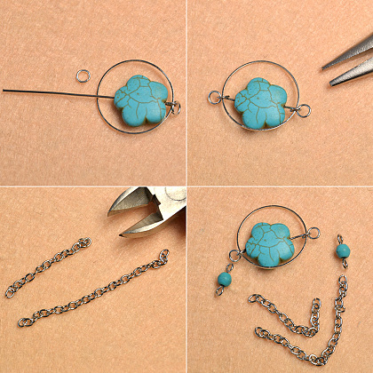 Boucles d'oreilles pendantes perles turquoise fleur de prunier-4