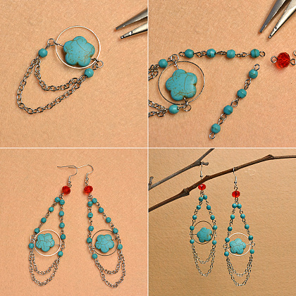 Boucles d'oreilles pendantes perles turquoise fleur de prunier-5