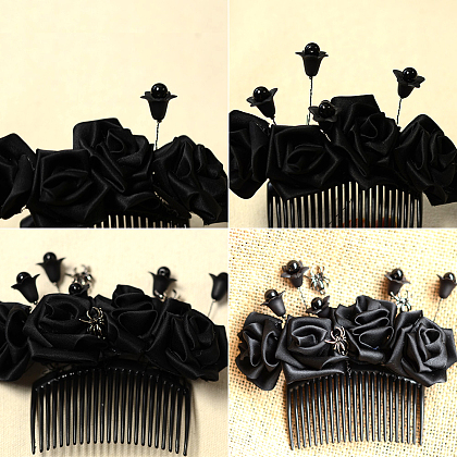 Peigne à cheveux avec fleur de ruban noir d'Halloween-8