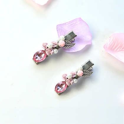 Pinces à cheveux cabochons en strass acryliques avec perles de fleurs en argile polymère-4