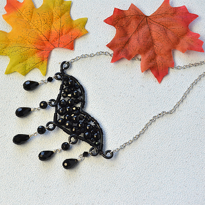 Wire Wrapped Bat Pendant Necklace with Black Beads-1