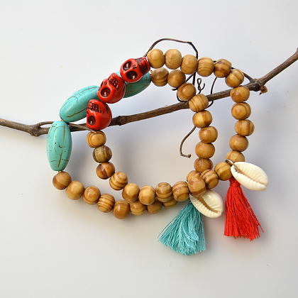 Wood Beads Bracelet with Skull Acrylic Beads-4