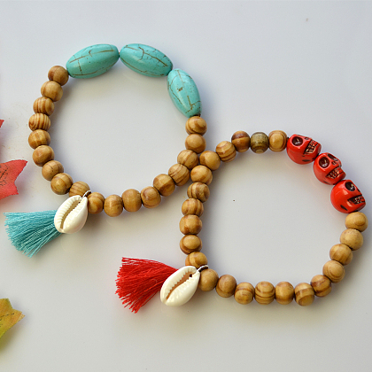 Wood Beads Bracelet with Skull Acrylic Beads-5
