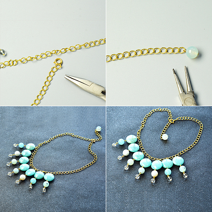 Collier pendentif en perles acryliques imitation pierre précieuse bleue-4