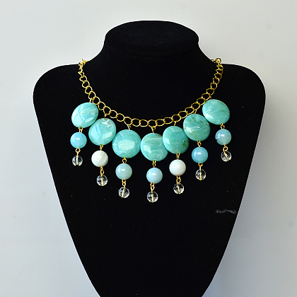 Collier pendentif en perles acryliques imitation pierre précieuse bleue-5