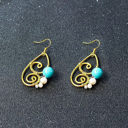 Boucles d'oreilles pendantes enveloppées de fil et décorées de perles de jade-5