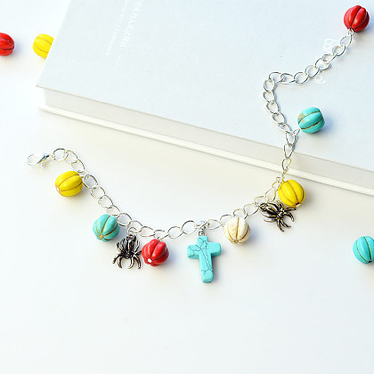 Bracelet à breloques en perles turquoise citrouille avec pendentifs araignée-4